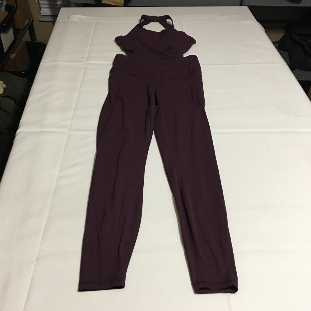 Halara Jumpsuit Women Small Long Plum Halter Cutout Side Pockets